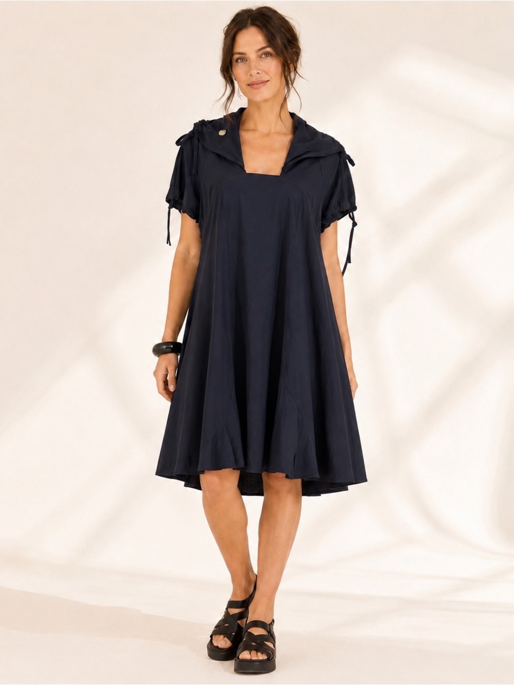MC Planet Black Stretch Tunic Dress US 8 Ruched Collar Godet pleats Lagenlook